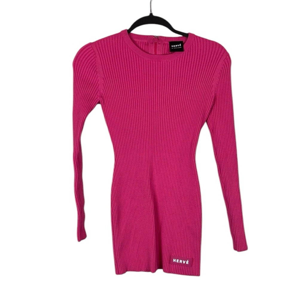 Herve by Herve Leger pink ribbed long sleeve mini dress